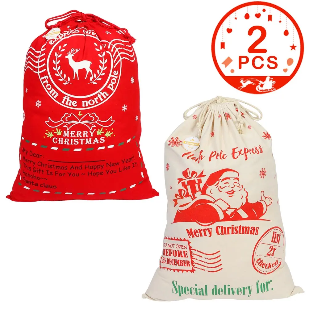 1/2 Piece Christmas Bag Canvas Santa Bag with Drawstring, 27x19 inch Large Santa Gift Bag