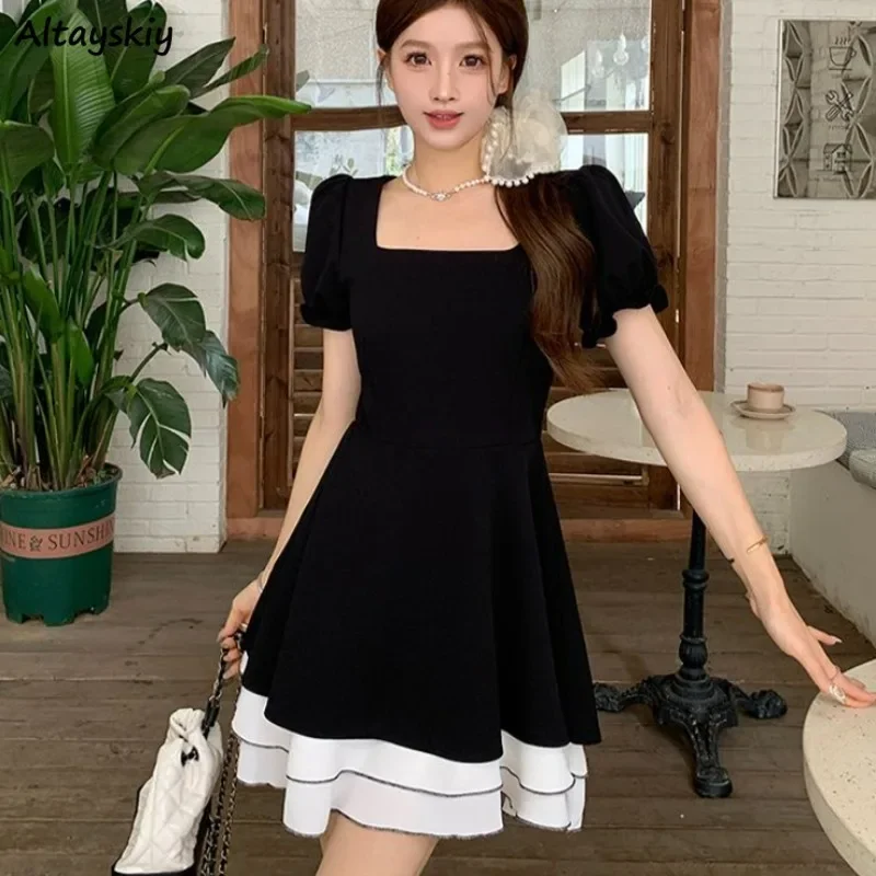 

Patchwork Dresses for Women Short Sleeve Summer Clothing All-match Elegant Fit and Flare Square Collar Ins Korean Style Holiday