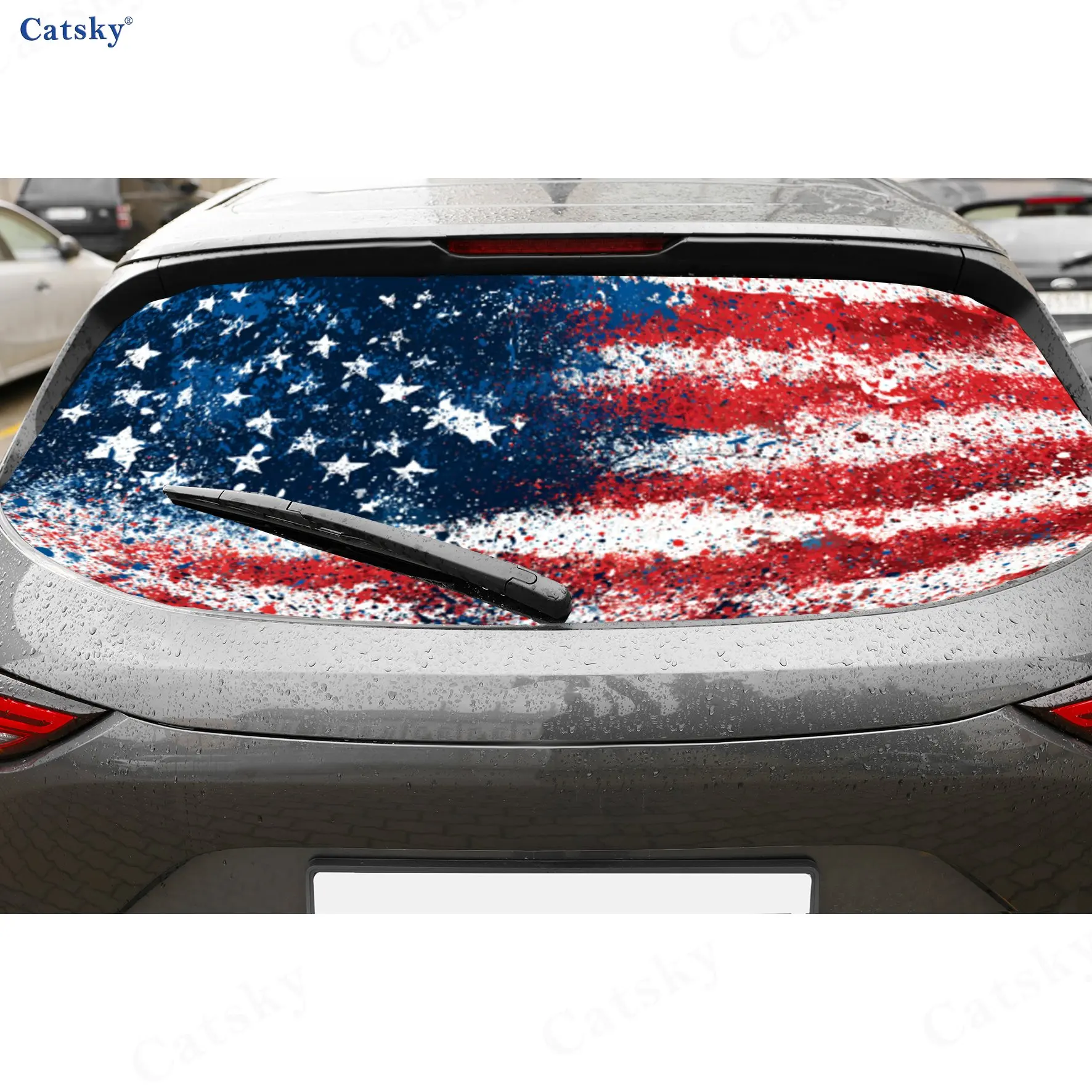 Vintage Splatter Star-Spangled PVC Perforated Car Vinyl Wraps, Durable Car Rear Windshield Sticker, Waterproof Car Window Decal