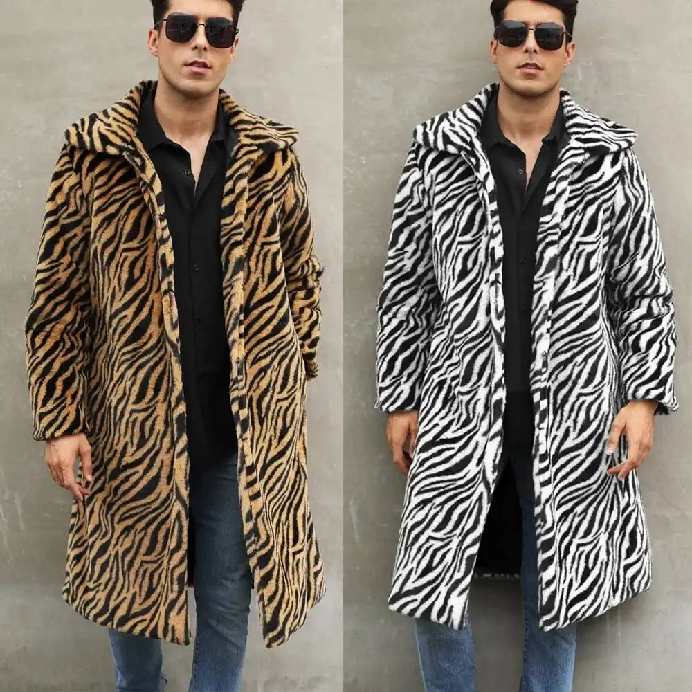 

Men Faux Fox Coat Winter Zebra-Stripe Thick Fluffy Warm Shaggy Outerwear Fur Long Jacket Bontjas Jackets Mens
