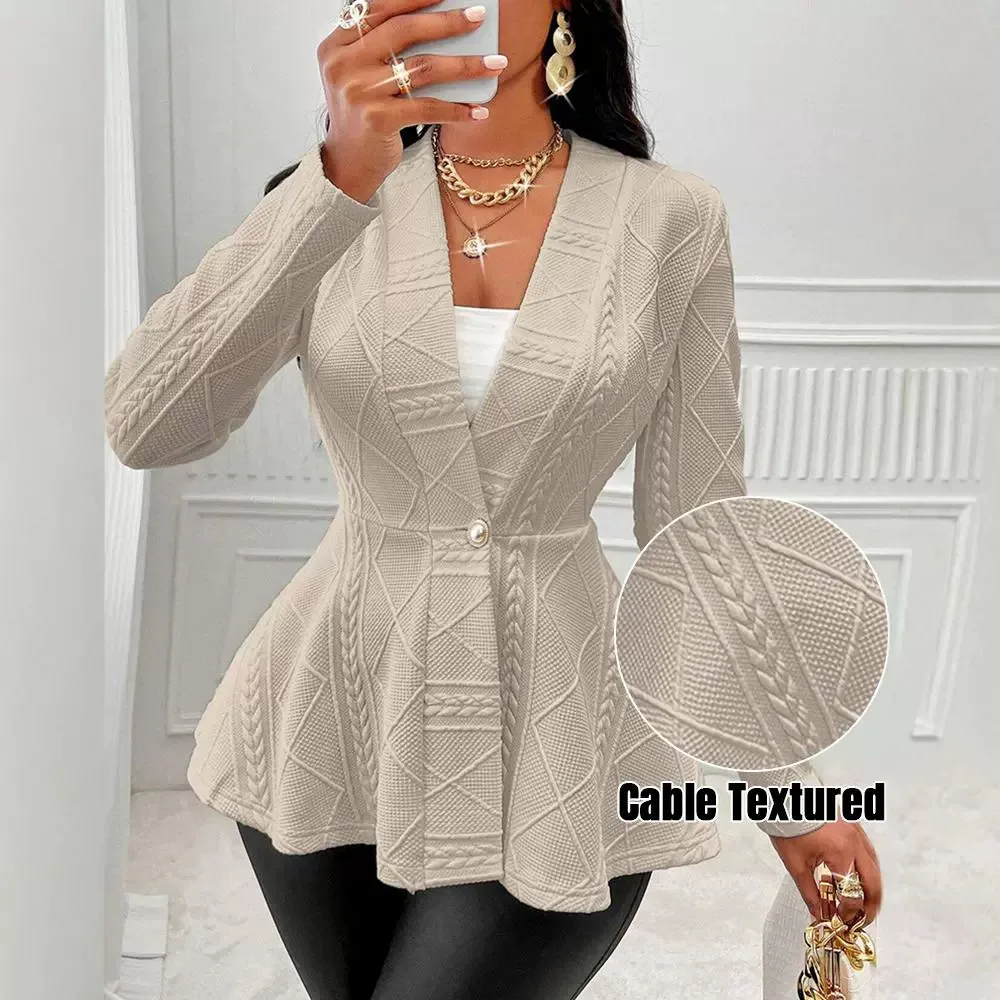 Shawl Collar Cable Textured Single Breasted Ruffle Hem Coat Women Solid Color Autumn Winter Blazer Jacket