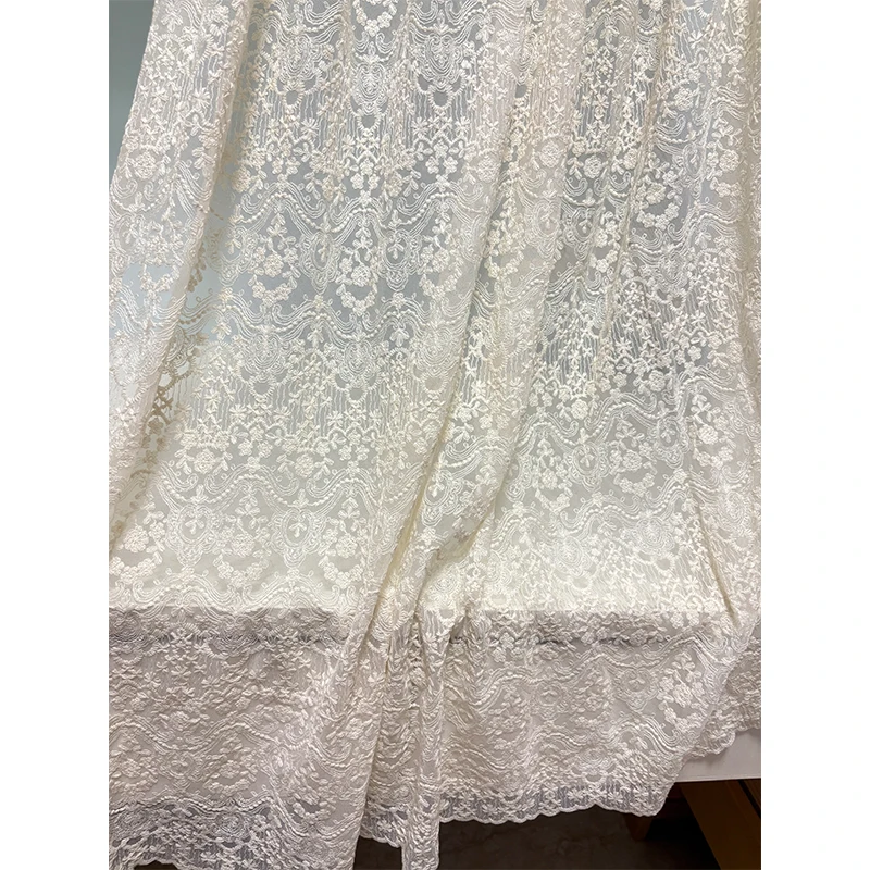 Ivory Beige Embroidered Mesh Tulle Lace Fabric With Tiny Daisy Flowers And Stripes for Apparel Sewing Fabric Curtain Decorative