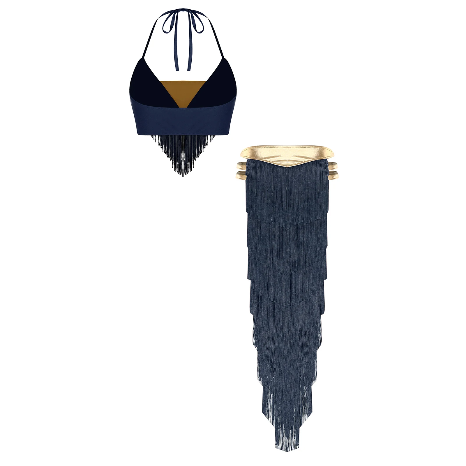 Damen-Outfit für Bauchtanz, lateinamerikanischen und indischen Tanz, mit mehrstufigem Fransen-Crop-Top und mehrstufigem Fransen-Schlitzrock für Party und Festival