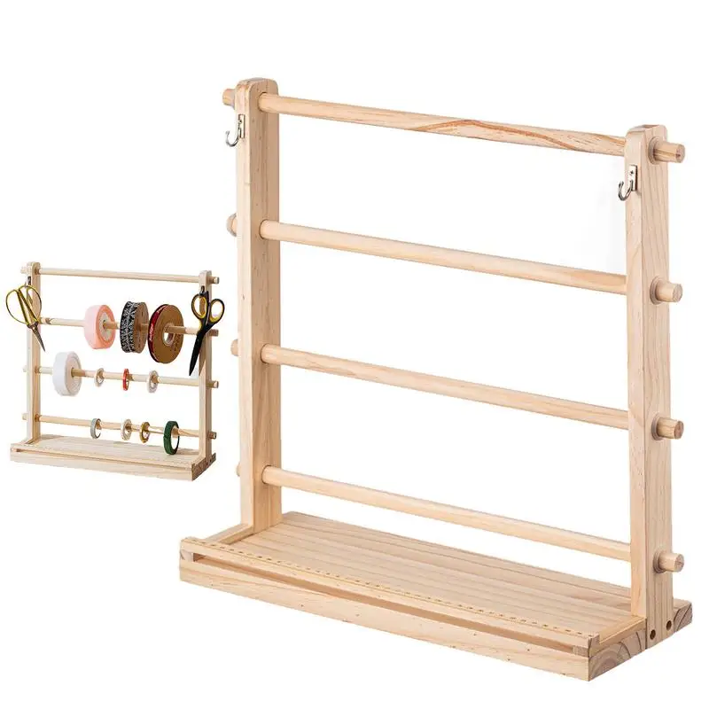 

4 Tiers Wooden Ribbon Rack Ribbon Spool Holder Storage Display Shelf Craft Ribbon Stand For Craft Room Cake Shop Flower