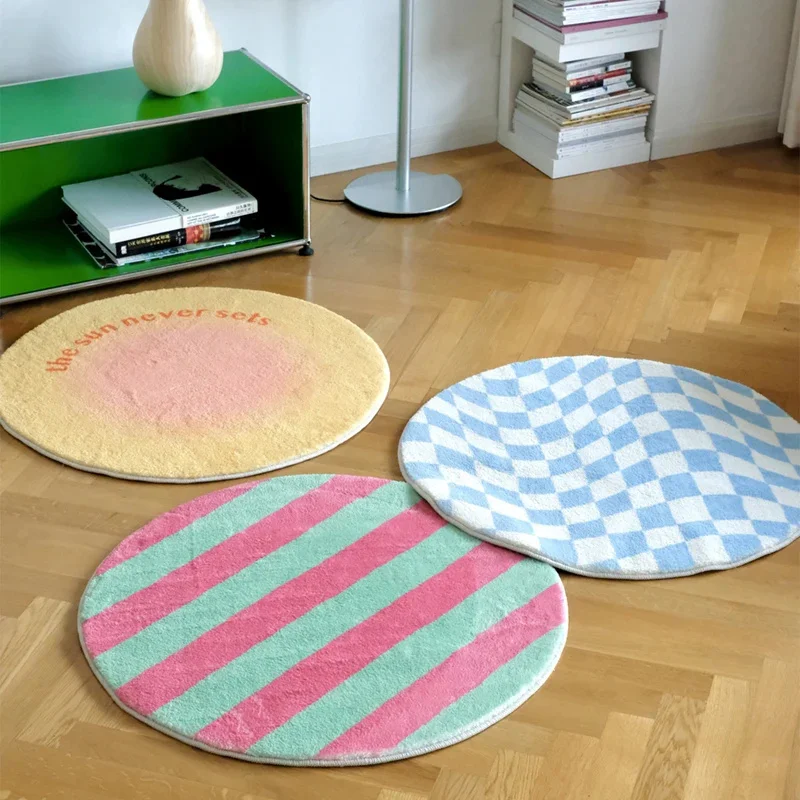 Irregular Checkerboard Round Rug Simple Design Solid Color Fashion Playmat for Bedroom Living Room Circle Carpet Cute Decor Home