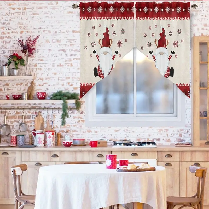 VIKAMA Farmhouse Style Christmas Gnome Triangle Curtains, Deer Antler Gnome and Snowflake Print Drapes, Kitchen Home Decor
