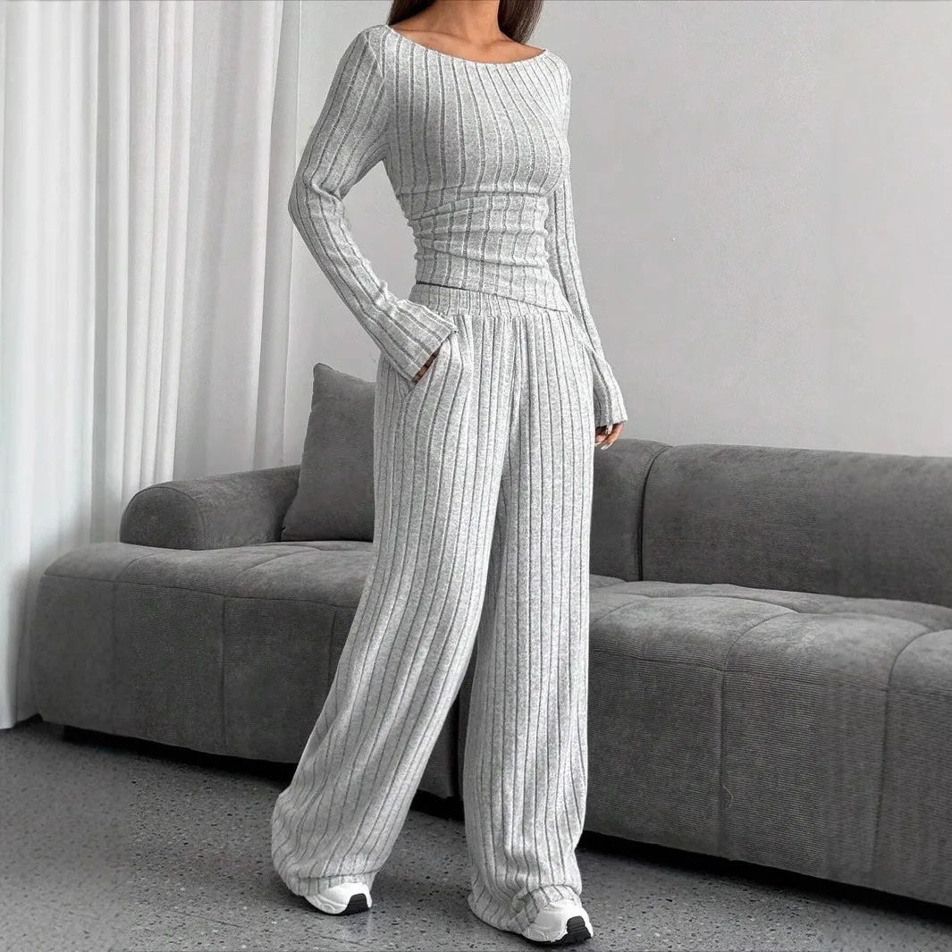 Casual Knitted Long Sleeve Pure Color Collar Set Women's Loose Pants Two Piece Set Fashionable Commute Style Four Seasons Wear