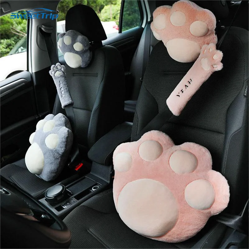 Pink Car Pillow Universal Car Accessories Girl Soft Neck Cushion Cute Cat Claws Seatbelt Protect Seat Interior Woman Neck Pillow