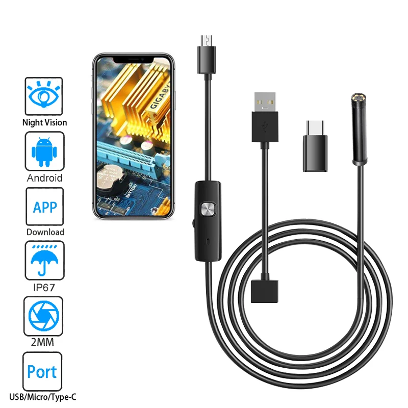 Cámara endoscópica impermeable IP67 de 5mm, de inspección Flexible boroscopio, 6 LED, ajustable, USB, Android, para teléfono y PC