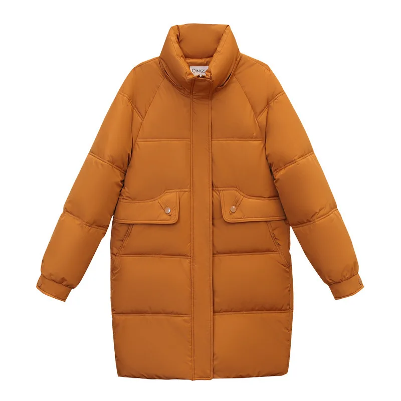 Jaqueta puffer de algodão de comprimento médio feminina, Parkas grossas quentes, manga comprida, casaco frio, bolso, casacos à prova de vento, roupas femininas, inverno