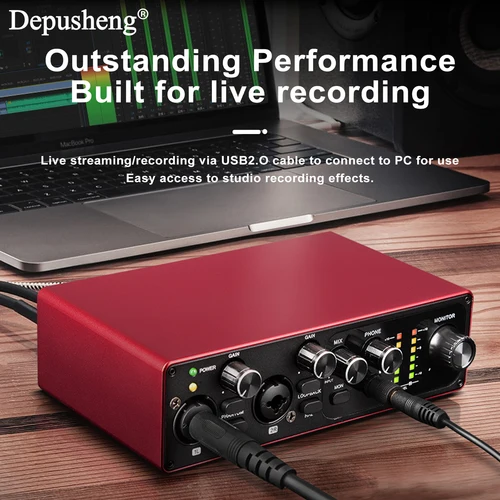 Imagen 2 del producto Tarjeta de sonido profesional Depusheng MK22P interfaz de Audio USB 48v fuente de alimentación fantasma para estudio en vivo Streaming Podcasts