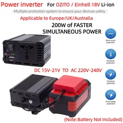 Adaptador de tomada inversor de energia portátil 200W para Einhell Power x Change OZITO 18V Bateria DC 18V para AC 220V com USB 5V 2.4A