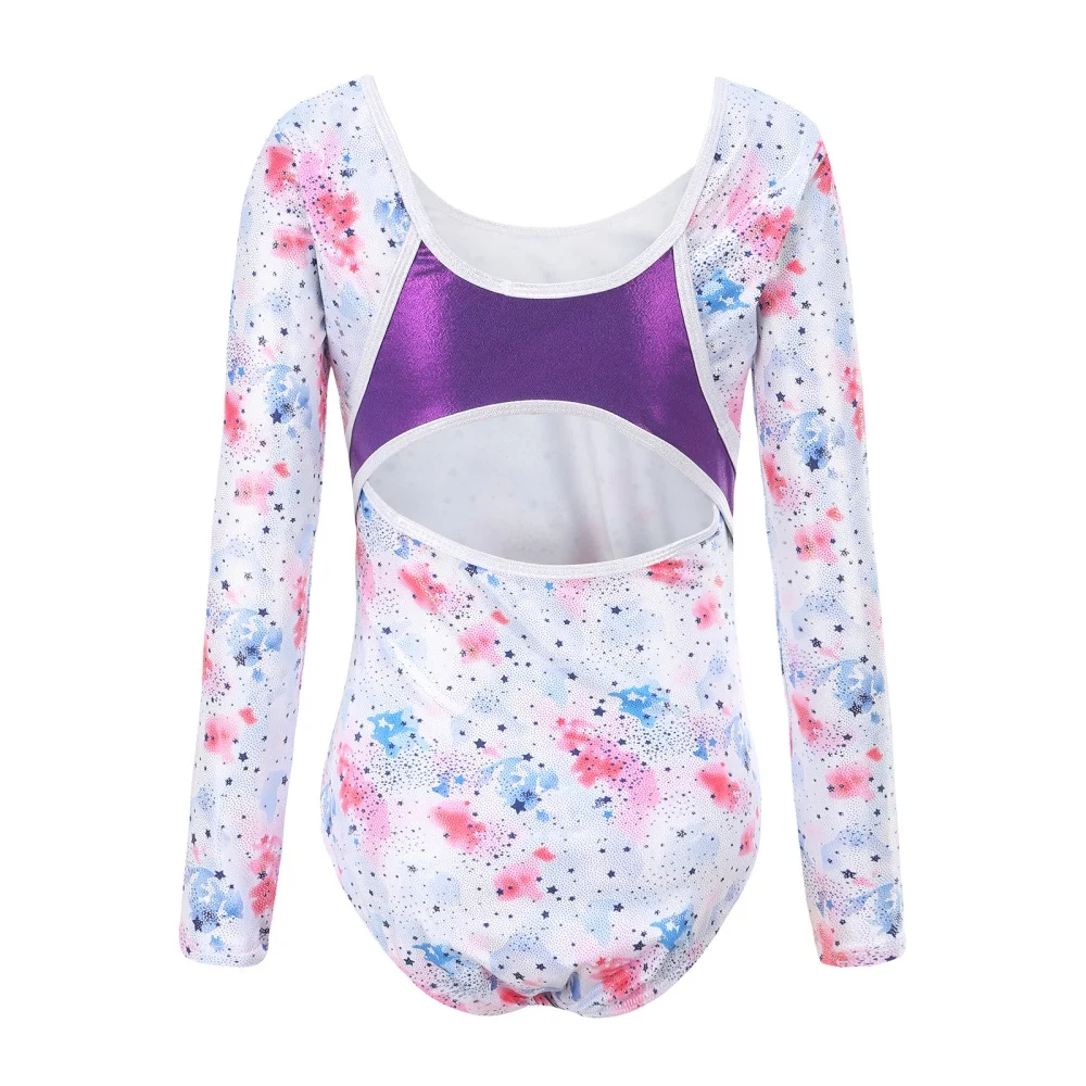 Children Girls Long Sleeve Ballet Leotard  Stars Pritned Tank Dancewear 5-12 Years Back Hollow Out Jumpsuits Stage Costume