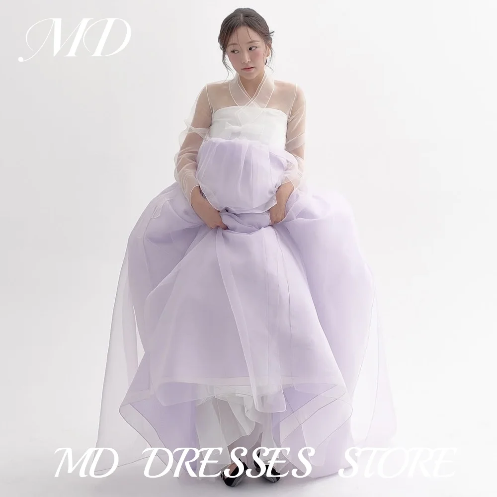 

MD Elegant Lavender A Line Hanbok Long Sleeve V-Neck Wedding Dresses Korea PhotoShoot Bridal Gowns Customised Formal Party Dress