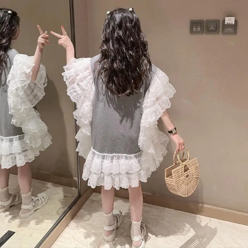 Korea Style Girl Dress Summer New Mesh Patchwork Princess Dress Puff Sleeve Gray Dress Teenage Clothes Kids Ruffles Dress Wz1155