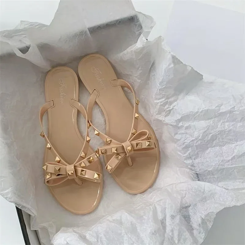 2025 Summer Women Slippers Bow Flip Flops Rivet Flats Sandals Outdoor Transparent Crystal Beach Shoes Female Open Toe Shoes image 3