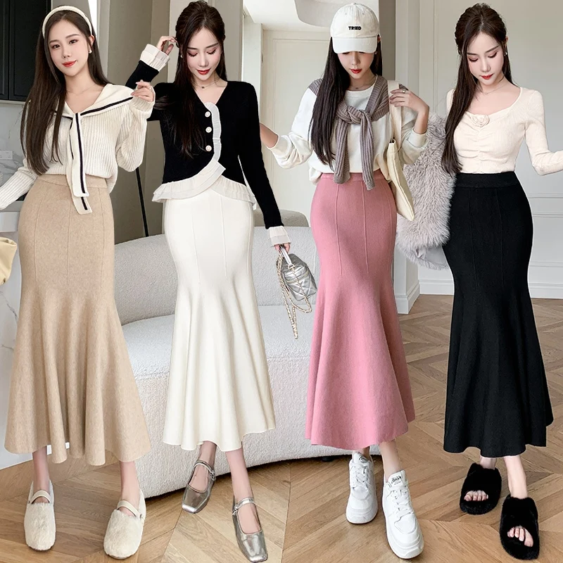 

Knitting Skirts for Women Fashion High Waist Slim Trumpet Mermaid Skirts Casual Elegant Flounce Ankle Length Long Hip Wrap Skirt