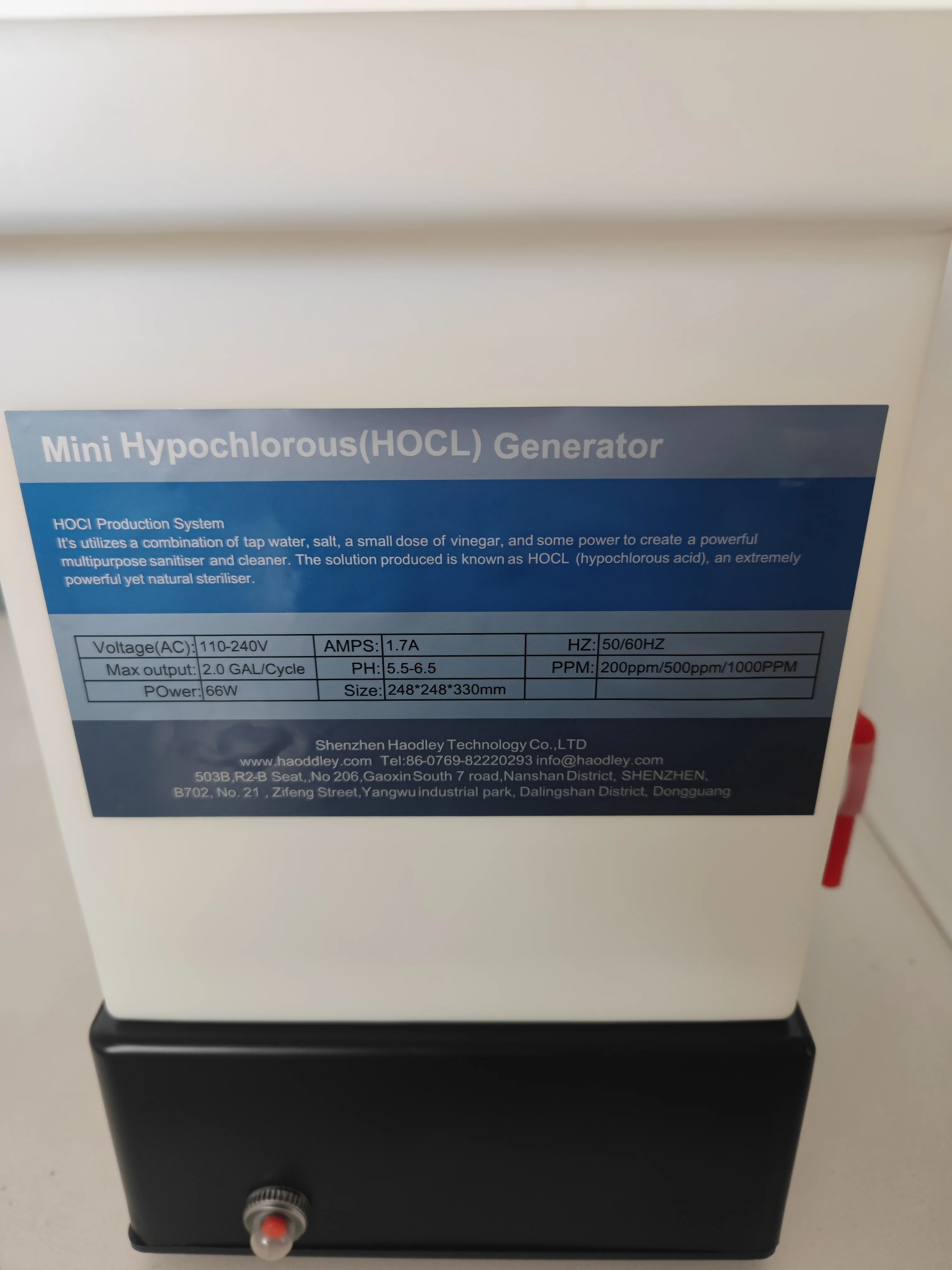 Système de production d'acide hypochloreux pH5.5-6.5 Distributeur HOCL 200PPM et 500PPm