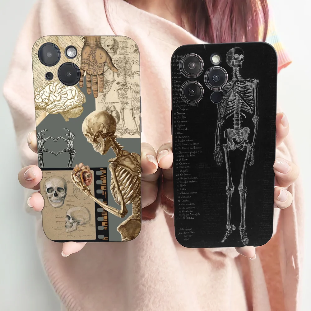 Radiological Human Organs Skeleton Skull Phone Case Black Phone Case For IPhone 15 14 Plus 13 12 Mini Silicone Cover Funda Shell