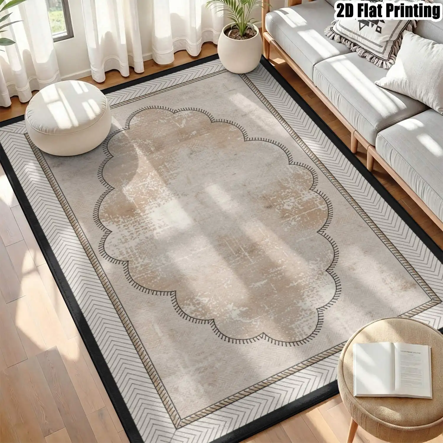 1Pc 2D Printed Beige Retro Floral Carpet: European-Style Retro, Geometric & Minimalist Art Decor, Multi-Size, Machine Washable, for Entryway, Dining Room, Foyer, Living Room, Bedroom