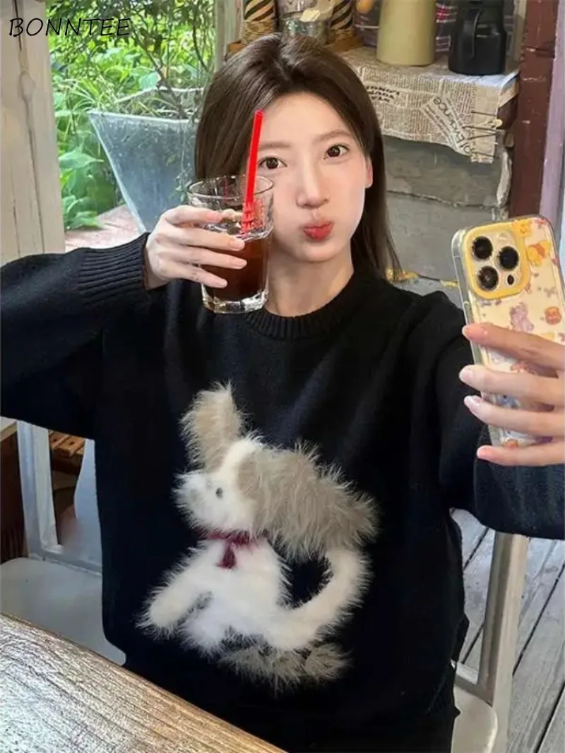 

Pullovers Women Lazy Style Cartoon Korean Stylish College Furry Jacquard Sweater Female Students Autumn Winter Loose Fit Gentle
