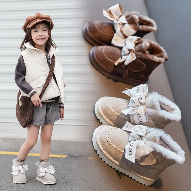 Girls Children Winter Snow Boots with Bow Tie Non-slip Comfort Short Boots Hook and Loop Slip on Kids High Top Padded Shoes