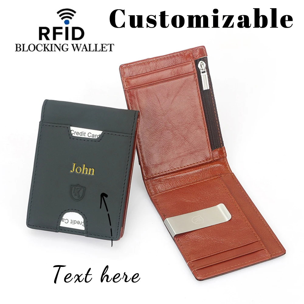 Customized name RFID men's genuine leather American dollar wallet. Best-selling card wallet for small change.
