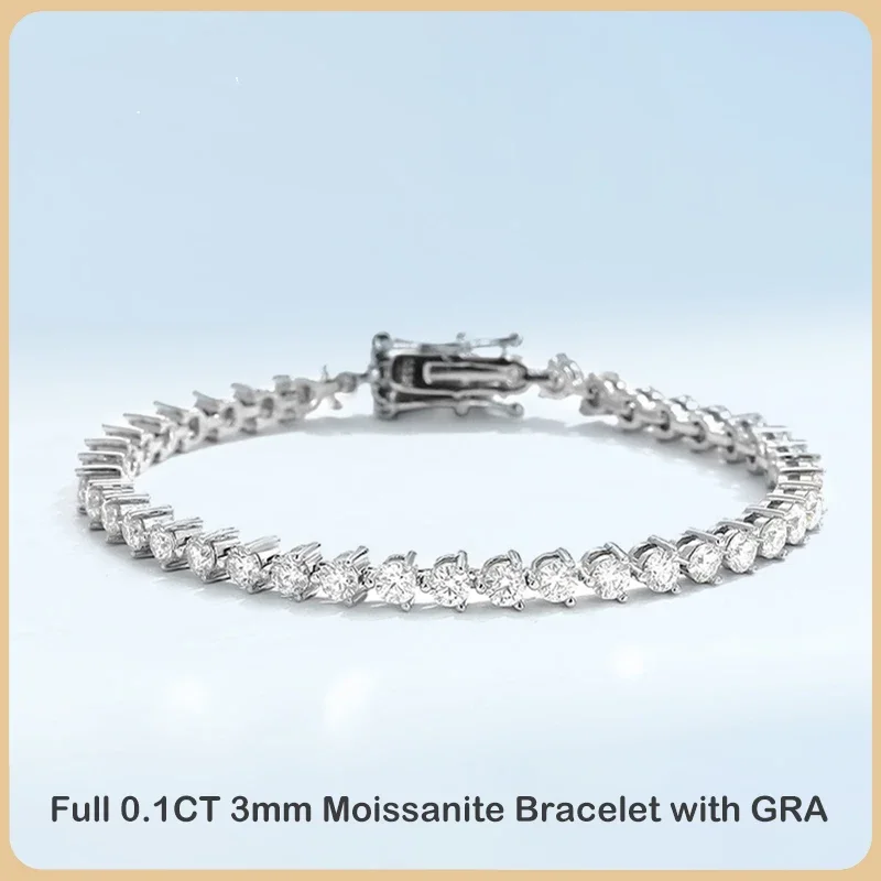 

Luxury Real 3 Prong 3mm Full Moissanite Tennis Bracelet for Women S925 Sterling Silver Diamond Link Bracelets Fine Jewelry