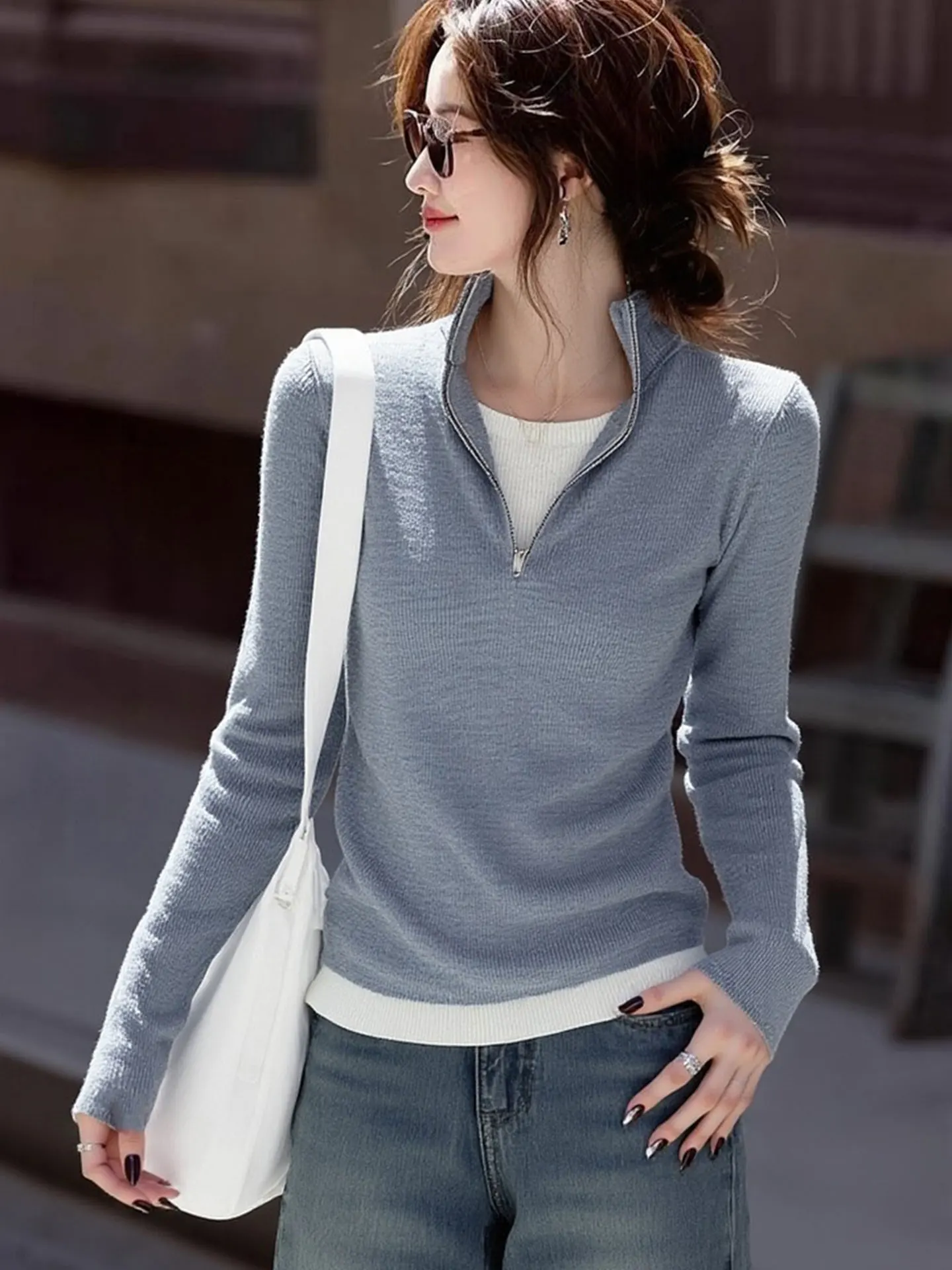 

Модный вязаный свитер с длинным рукавом на молнии, зима 2025, женская одежда, дизайн с цветовыми блоками, для повседневной носки, стандартный крой