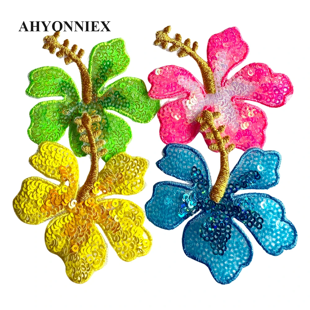 

4pcs/Lot Fashion Shining Pink Green Yellow Blue Sequins Flower Parch For Costume Dress Coat Iron On Patch for Clothing