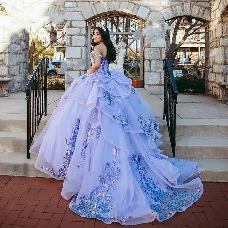 فستان Quinceanera الحلو مع القوس ، قبالة الكتف ، فستان حفلة موسيقية ، زين الدانتيل ، مسابقة الجمال ، فستان حفلة الأميرة