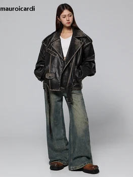 Mauroicardi Spring Cool Handsome Vintage Distressed Black Pu Leather Biker Jacket Men Belt Zipper Loose Unisex Clothes 2024 5 Mauroicardi Spring Cool Handsome Vintage Distressed Black Pu Leather Biker Jacket Men Belt Zipper Loose Unisex Clothes 2024 5