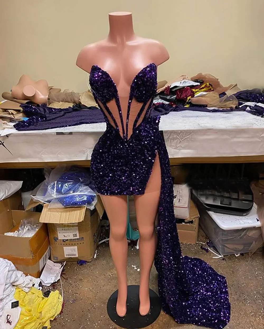 

Glitter sequin Evening Cocktail Sexy sleeveless V-neck short side slit Luxury women's Evening dress Party Dance Formal occasion
