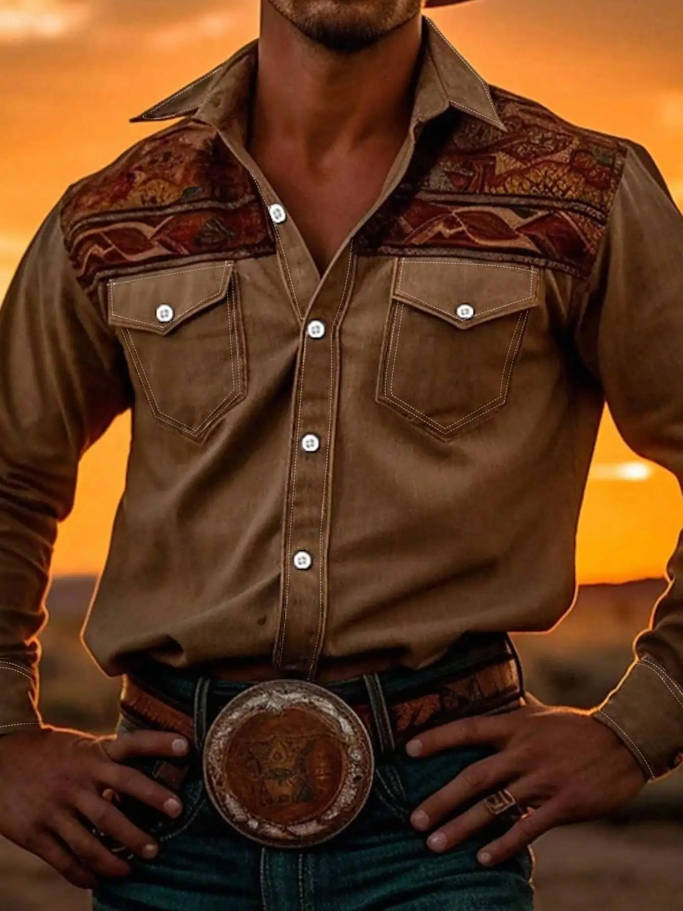 

Men's Western-Style Brown Loose-Fit Long-Sleeve Shirt with Embroidered Yoke