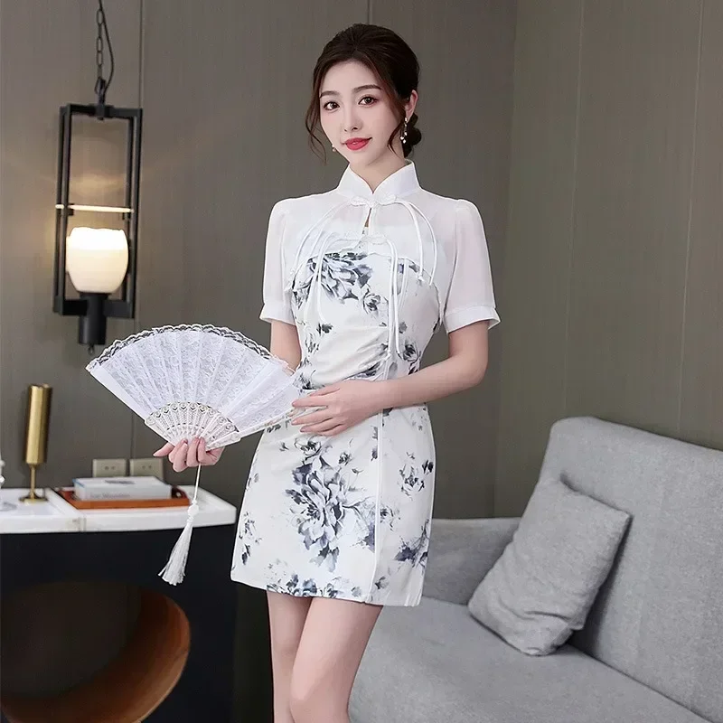 Elegant Temperamen Cheongsam Vintage Chinese Traditional Qipao Dress Sexy Mini Slim Split Chinese Dress Cosplay Costume Uniform