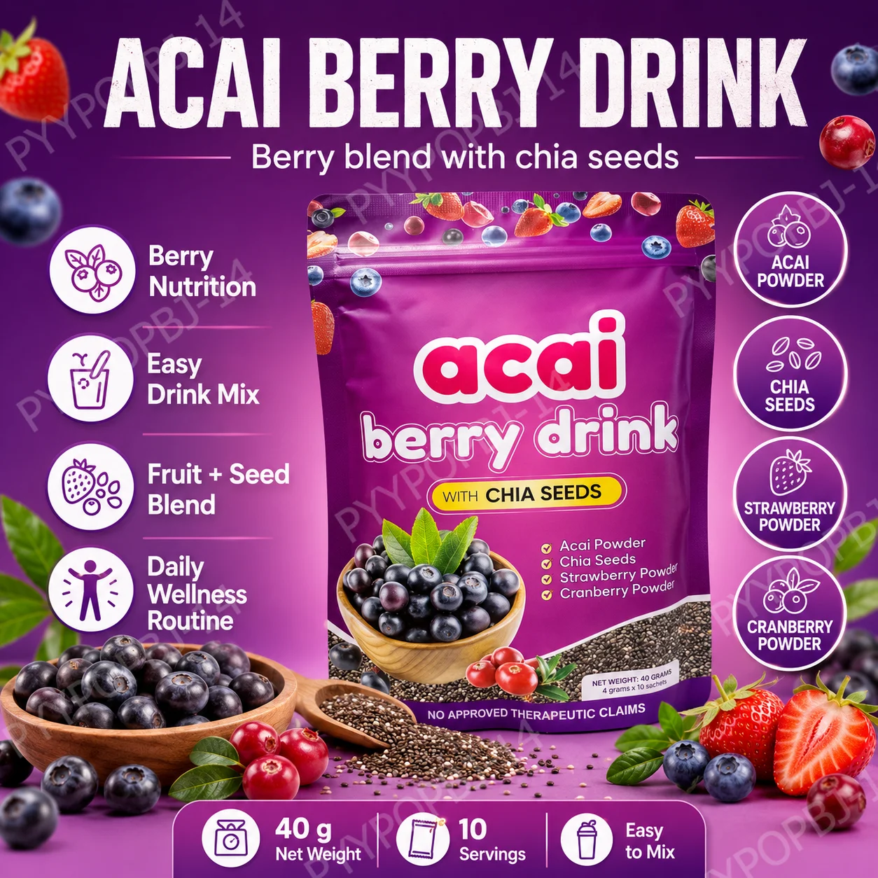 Acai Berry Supplement Powder with Chia Seeds, 10 Sachets Berry Blend Beverage Mix for Daily Wellness Smoothies Yogurt Drinks Mix