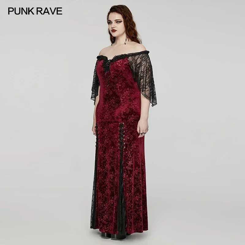 PUNK RAVE Gothic Sexy Off-shoulder Elastic Embossed Velvet Lace Dress Plum Blossom Eyelets Decoration Beauty Party Long Dresses