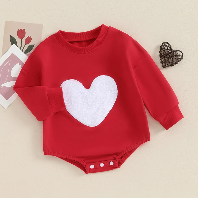 Pelele infantil para el Día de San Valentín con bordado de corazón, manga larga, cuello redondo, traje para recién nacido con temática de amor