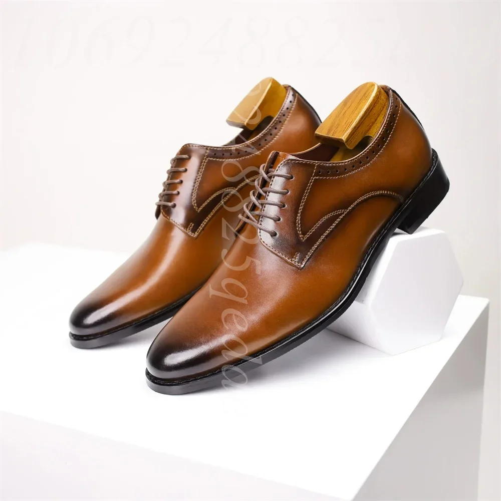 Men's Brogue Lace-Up Oxfords, Burnished Finish, Pointed Toe, Non-slip Rubber Sole, Comfortable Durable Formal Footwear for Men