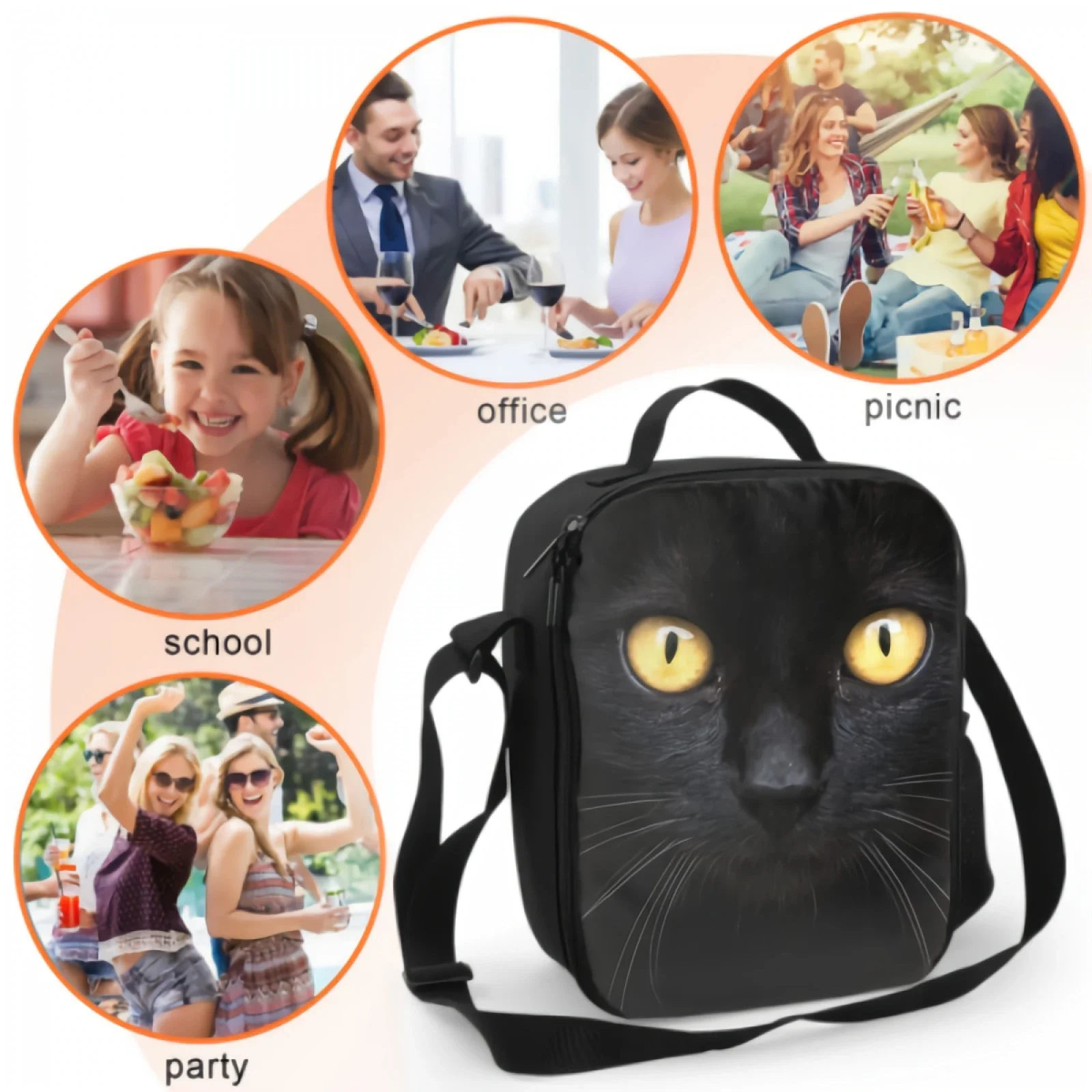 Lancheira isolada gato preto, Bolsa portátil com alça de ombro ajustável, Sacola refrigeradora reutilizável para piquenique e escritório