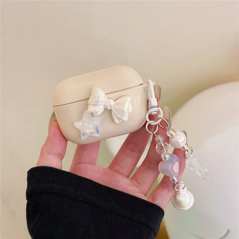 Милый Декор с бантом для Apple AirPods Pro 2, телефонные чехлы для наушников Airpods 1/2/3 Pro, зарядная коробка, бежевый корпус для телефона