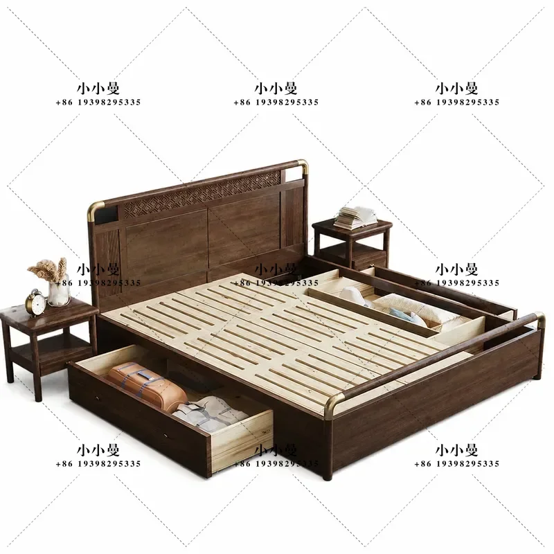 Chinese Style Solid Wood Bed Frame Modern Minimalist 1.8m Double Bedstead for Master Bedroom Apartment Furniture