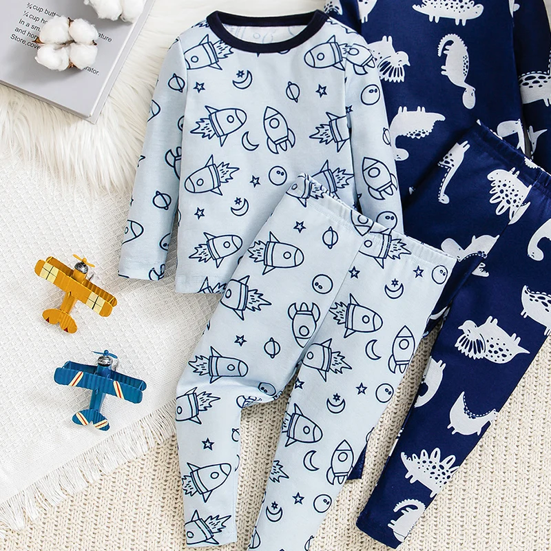 

Baby Spring and Autumn Underwear Set for Boys and Girls, Rocket Dinosaur Cartoon Long Sleeve and Long Pants, Soft Cotton Breathable Children's Homewear Two-Piece Set
