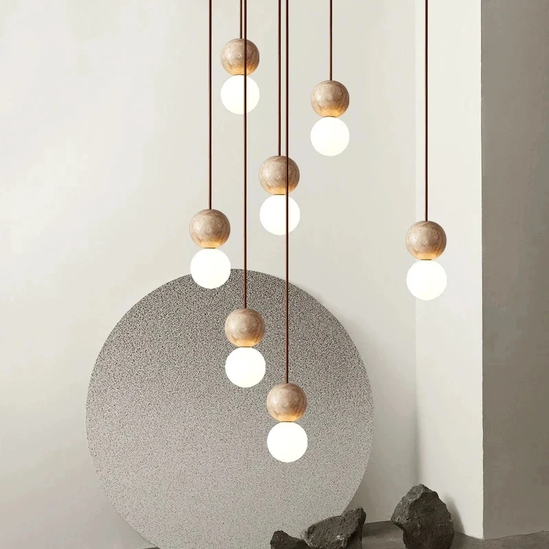 

Travertine Pendant Lamp Stone Suspension with Glass Ball Hanging Light for Bedroom Dining Room Chandelier