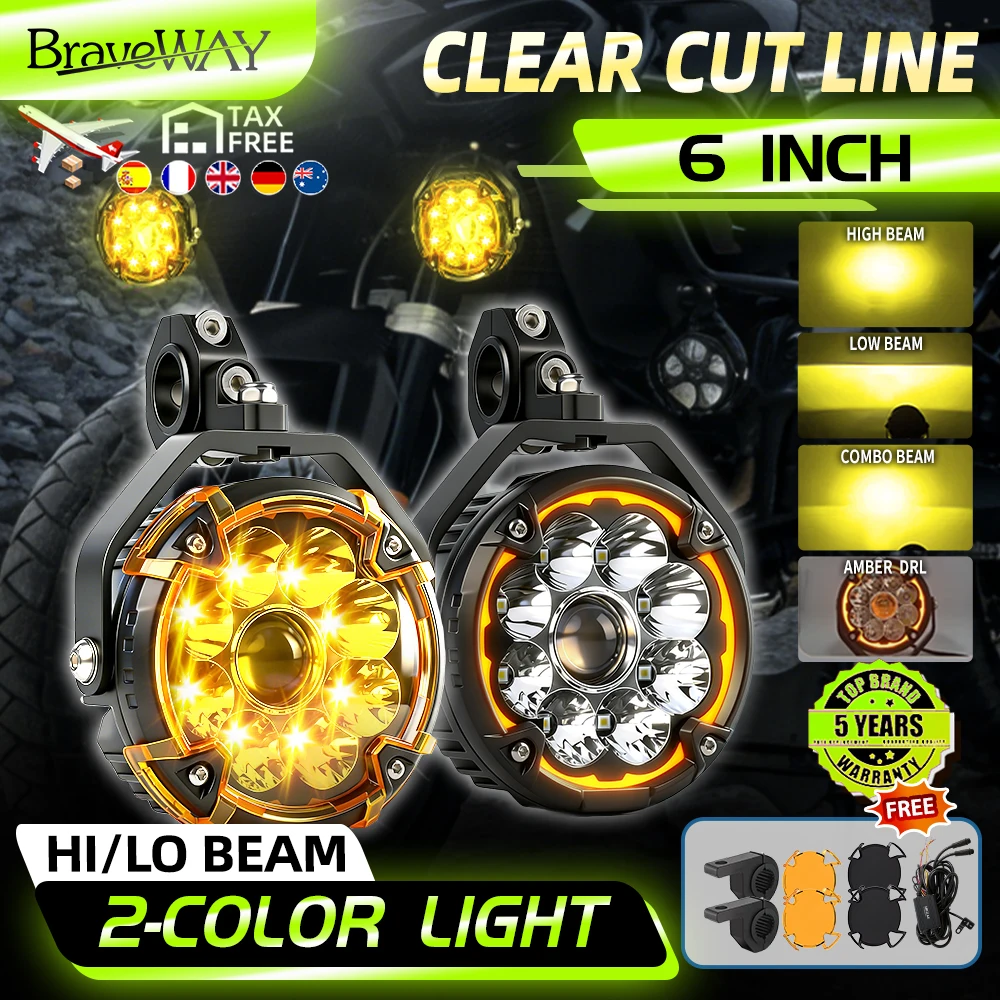Feux antibrouillard LED pour moto Braveway 6 pouces, feux de conduite auxiliaires ambre et blanc avec DRL et fonction stroboscopique, phare étanche haute et basse intensité