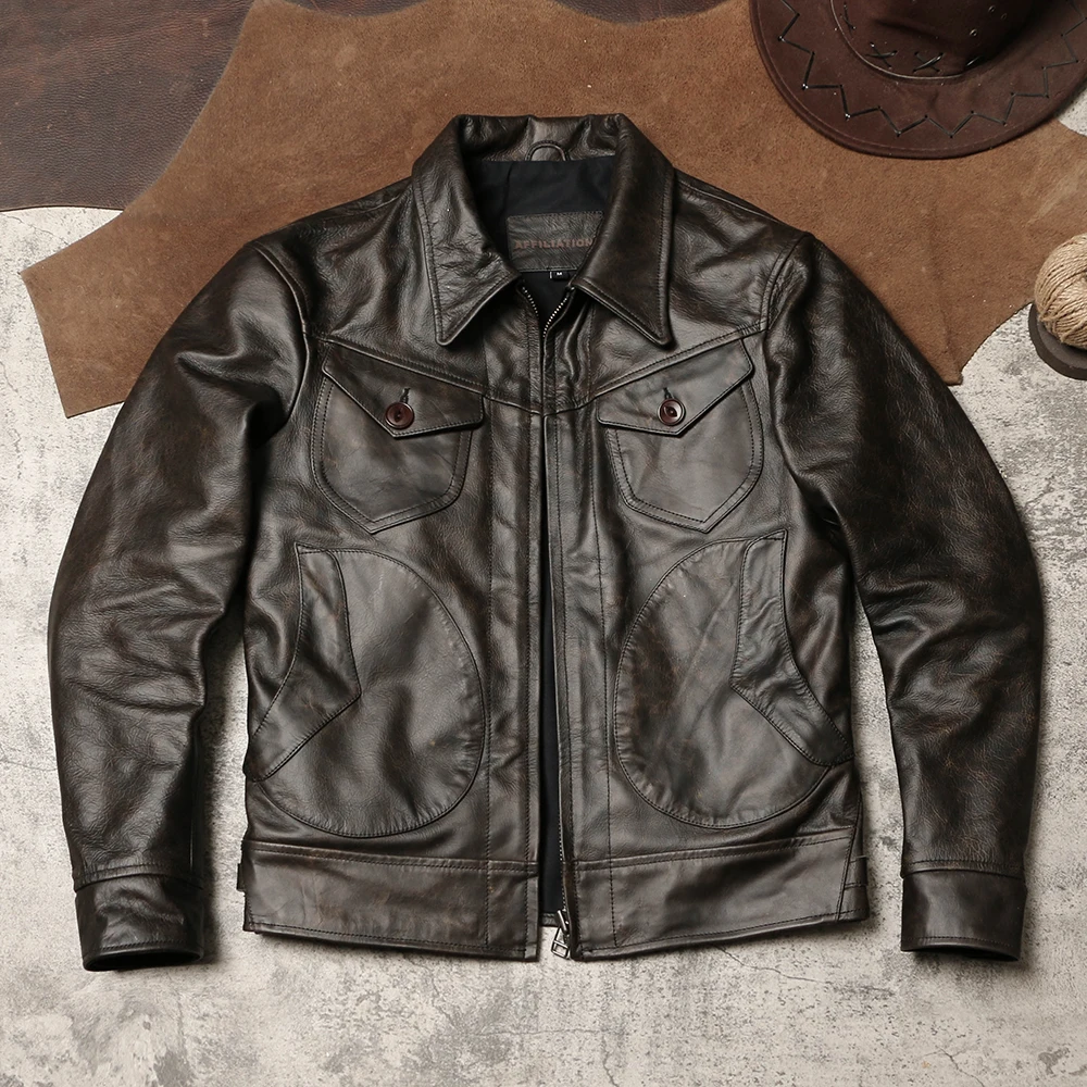 American Retro Mendoza Leather Coat with Wax Cowhide Lapels Short Tooling Coat Leather Farmer Leather Jacket