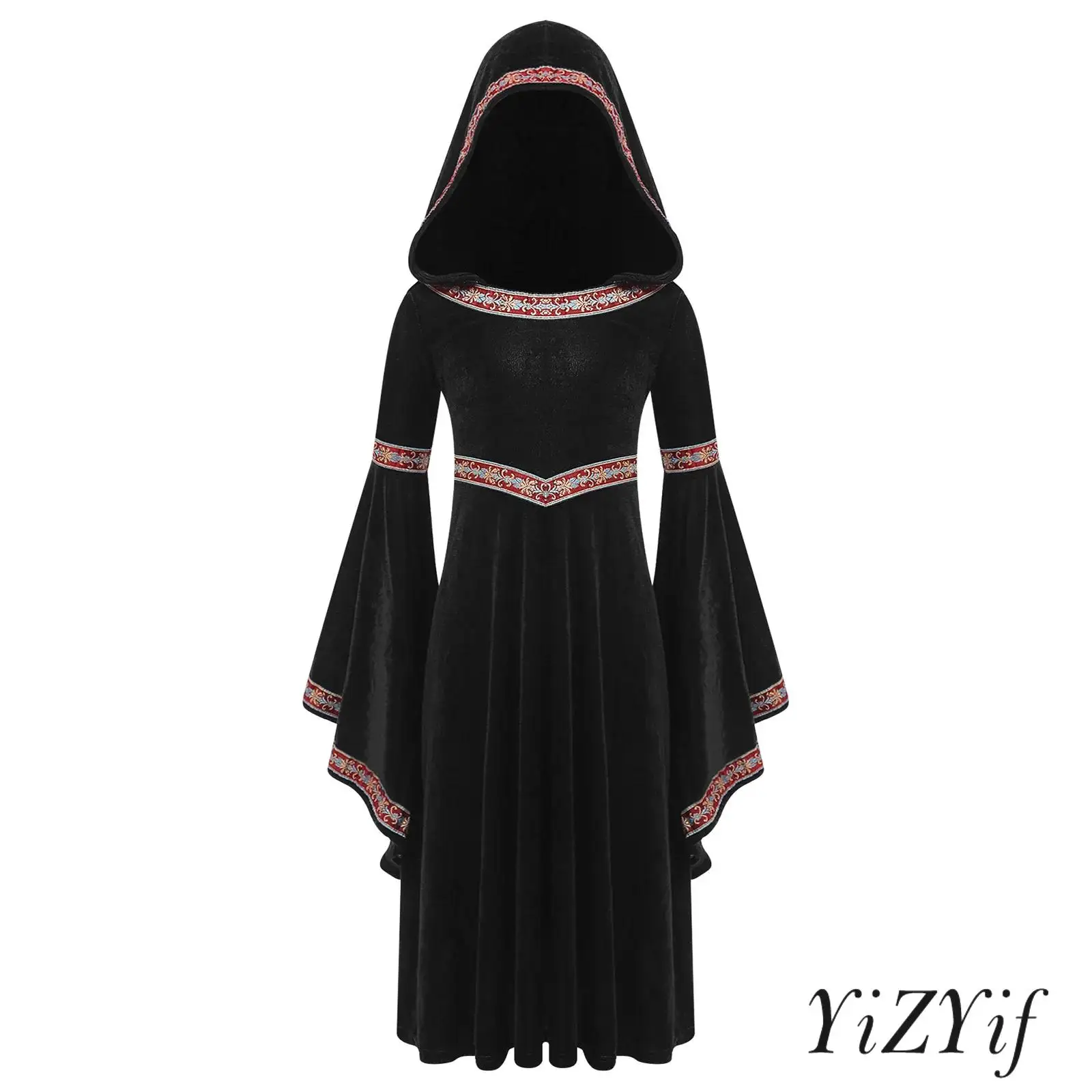 

Girls Medieval Princess Costume Halloween Cosplay Hooded Robe Long Trumpet Sleeves Embroidered Trim Velvet Dress for Masquerade