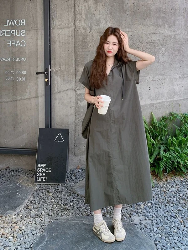 

plus Size 300 Pounds Fat MM Retro Hong Kong Style Hooded Workwear Dress Women Summer Casual Knee-Length Skirt Ins Thin Fabric
