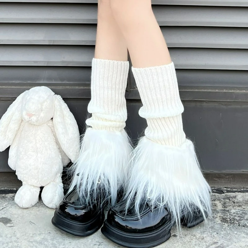 

Black White Knitting Leg Warmers Plush Fabric Soft Leg Covers Y2K Japanese Subculture Millennial Hot Girl Jk Socks Piled Socks
