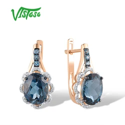 VISTOSO Authentic 14K 585 Rose Gold Earrings For Women Sparkling Diamond London Blue Topaz Gorgeous Party Wedding Fine Jewelry